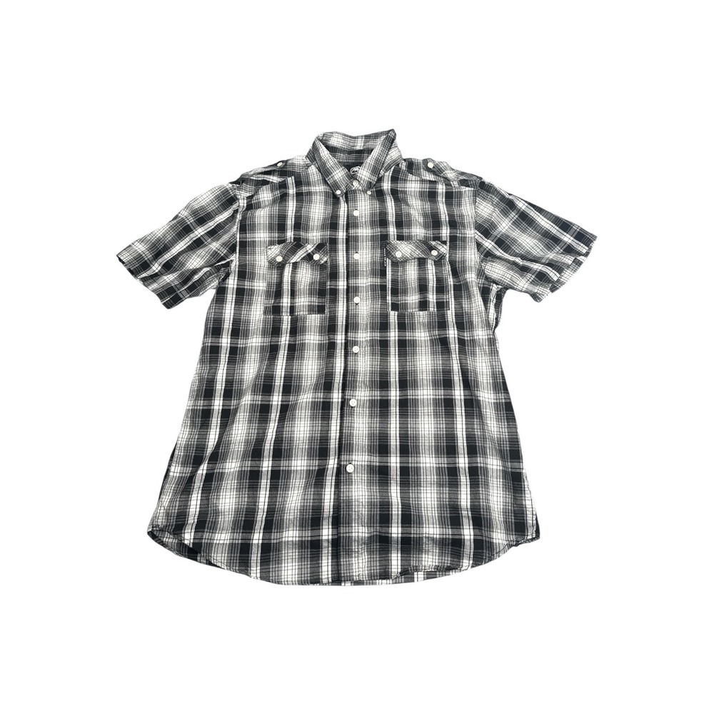 Ecko Unltd Mens XL Black White Plaid Short Sleeve Button Down Shirt Epaulets
